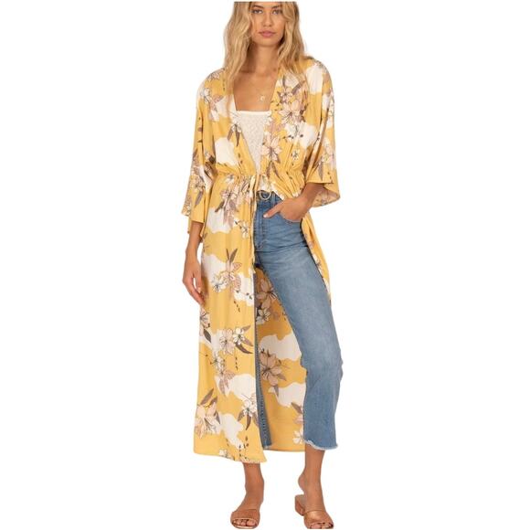AMUSE SOCIETY Kimono Floral Ginger Womens S Yellow Tie Front Maxi Duster Boho - Picture 1 of 14